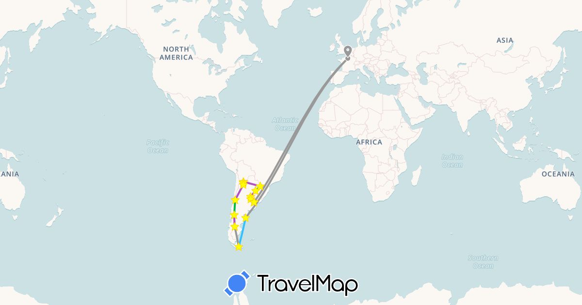 TravelMap itinerary: bus, plane, train, hiking, boat, hitchhiking in Argentina, Chile, France (Europe, South America)